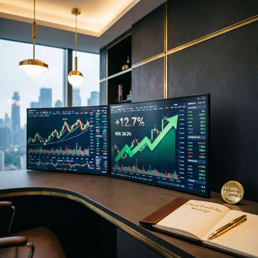 Professional funded account management service with multiple trading screens showing profits