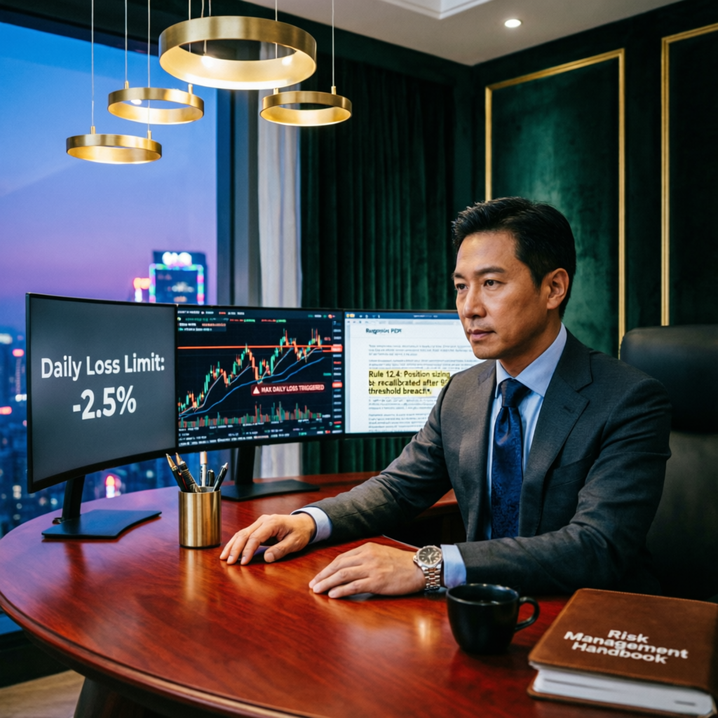 Professional trader monitoring daily loss limit rules on multiple screens