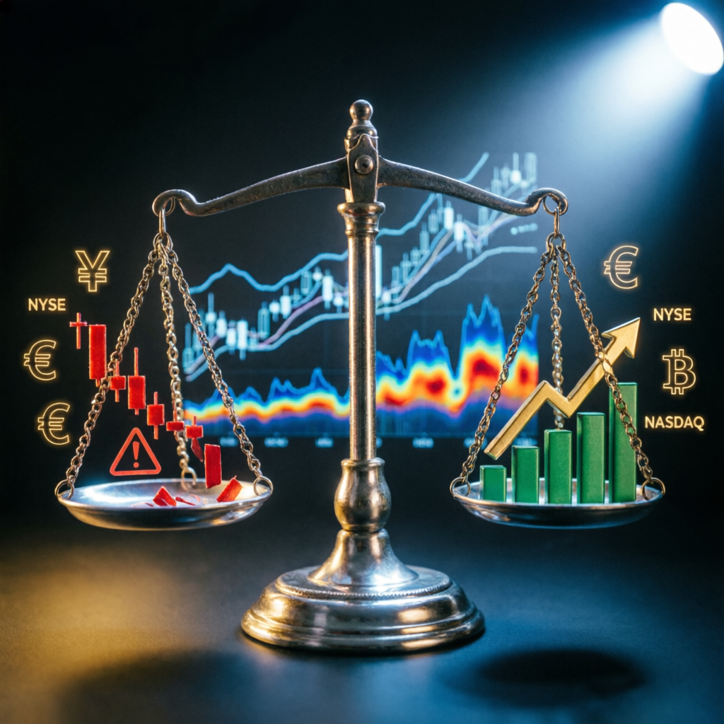 Balance scale representing risk management and trading profitability