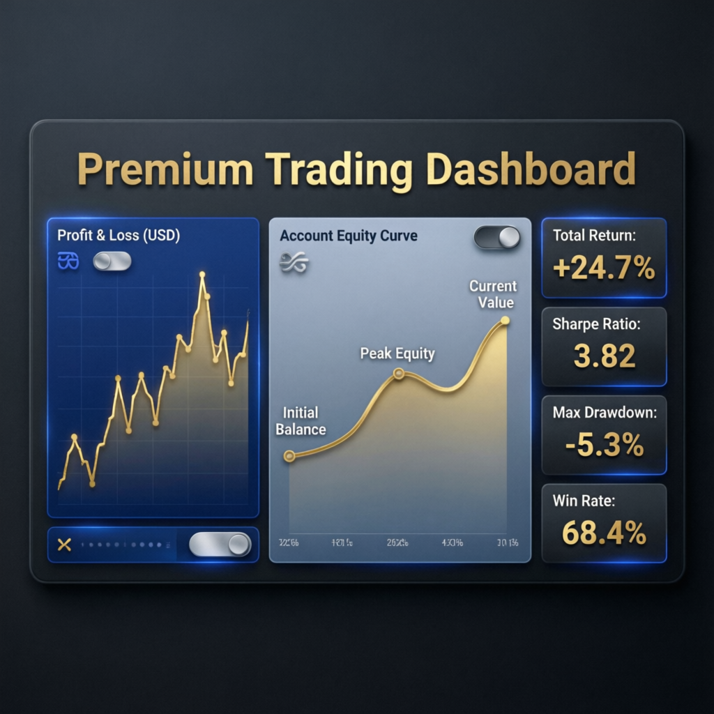 Premium trading dashboard showing profit metrics and account equity curve