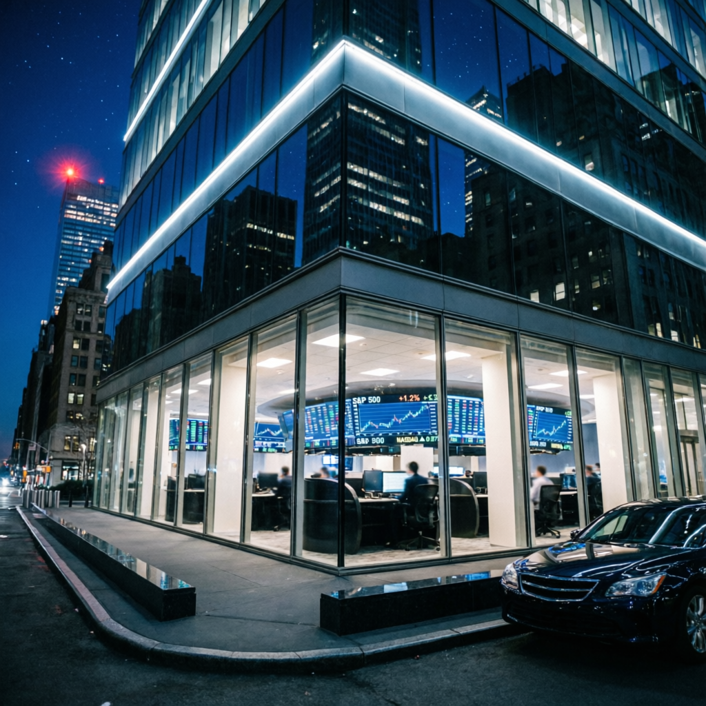 Modern corporate skyscraper with illuminated trading floor at night