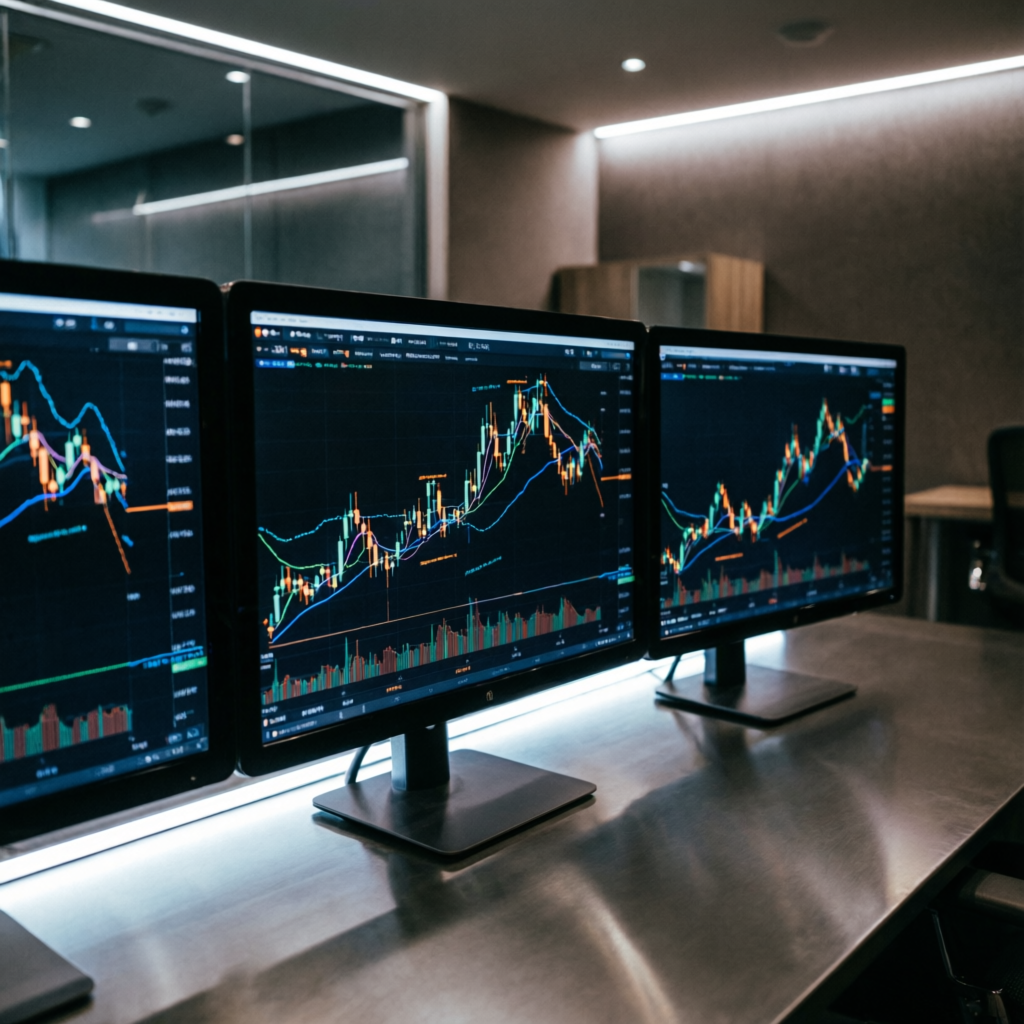 Multiple trading monitors displaying forex charts and technical analysis