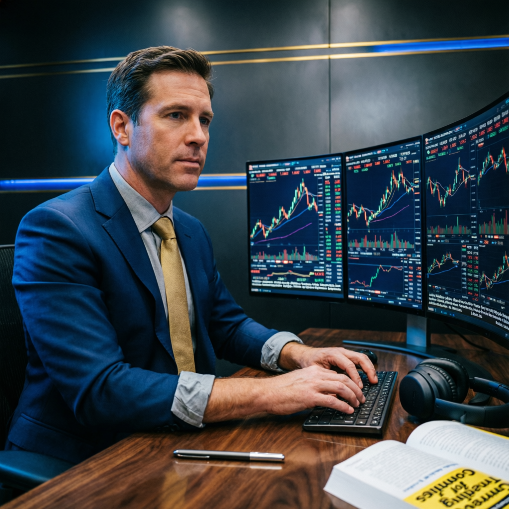 Professional forex trader analyzing Topstep charts on multiple monitors