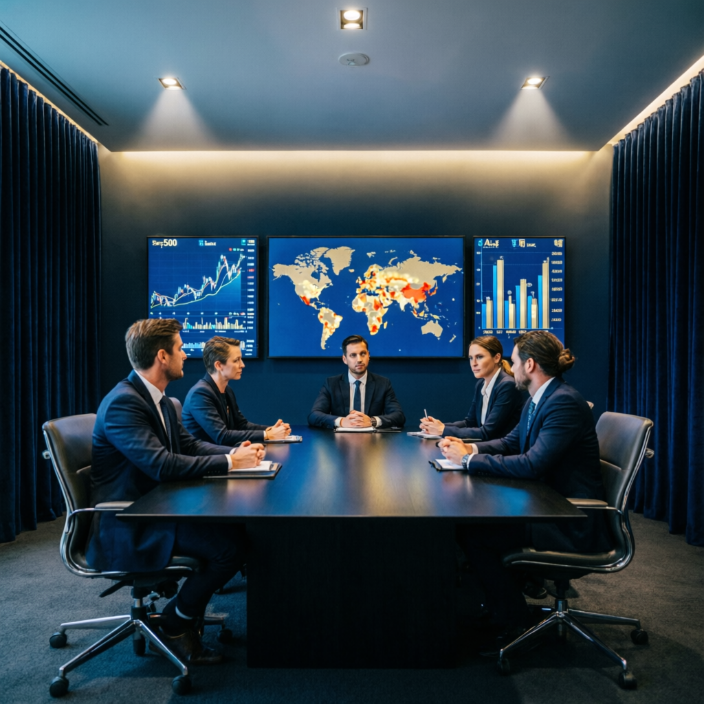 Professional business meeting discussing financial strategy and trading performance