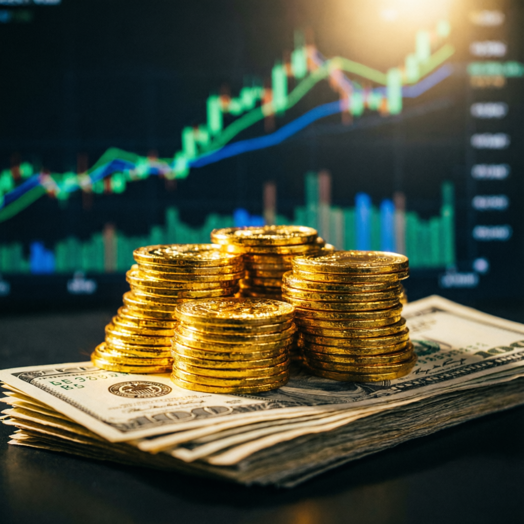 Gold coins and dollar bills representing trading profits and financial success