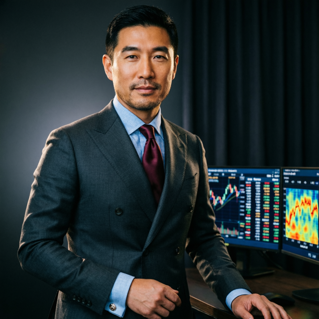 Confident professional trader in suit standing in front of trading monitors