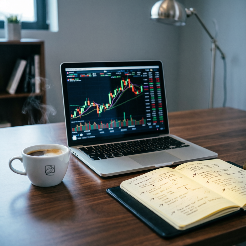 Laptop workspace with forex trading charts and trading strategy notebook