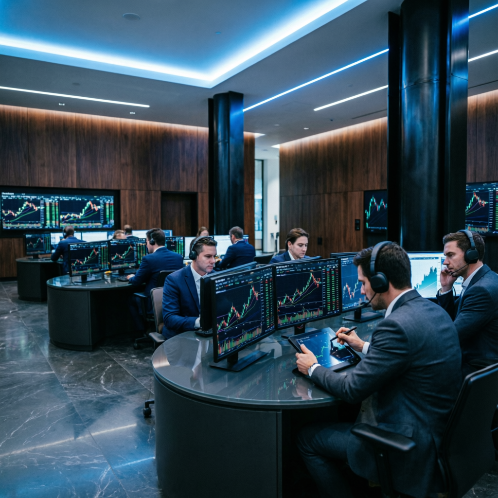 Professional trading floor with multiple traders analyzing financial markets