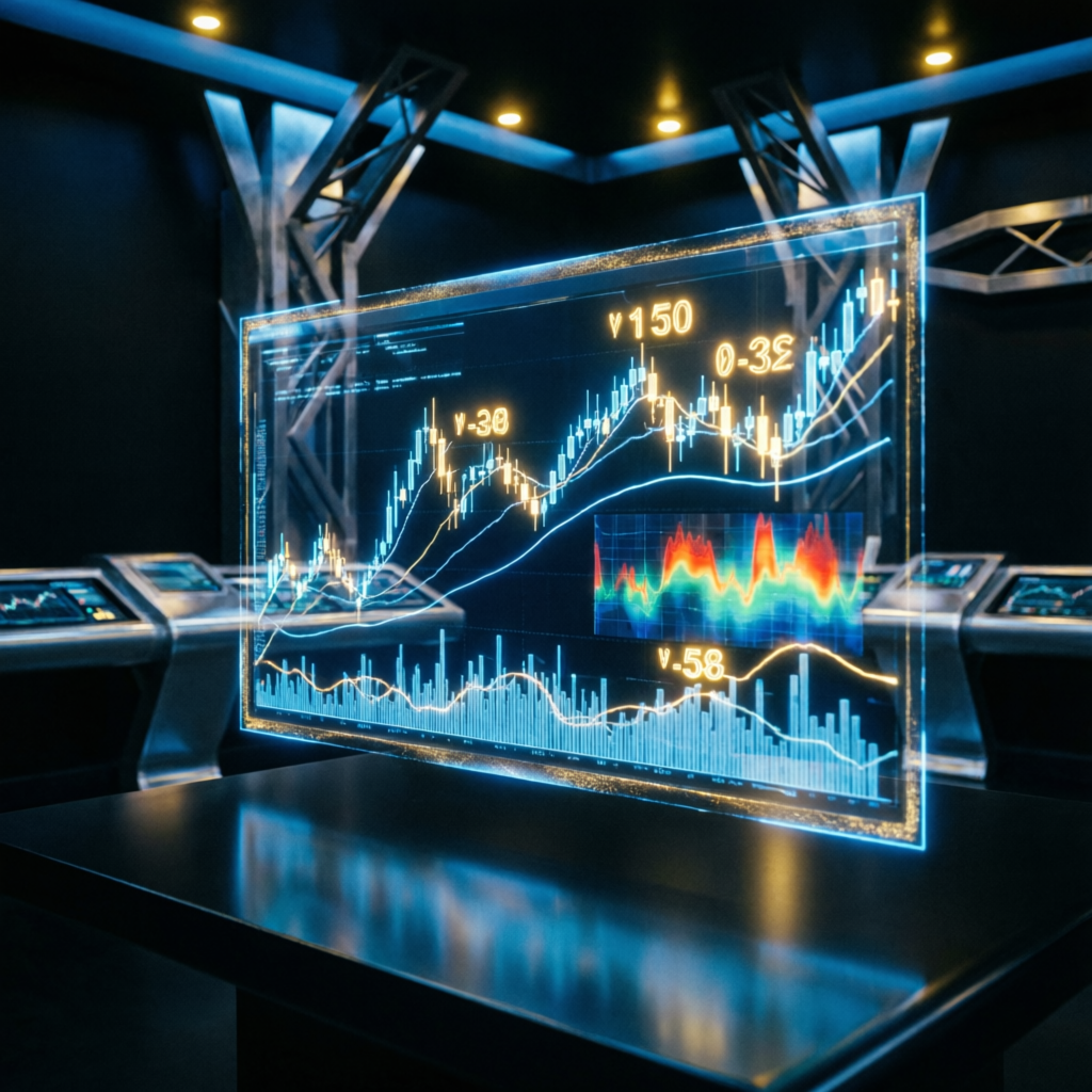 Futuristic holographic trading charts showing financial data visualization