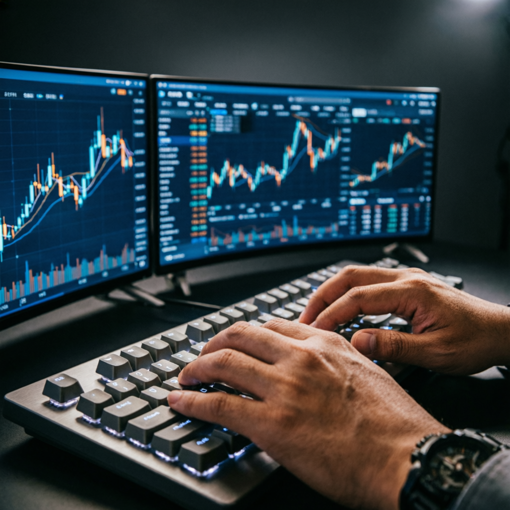 Trader's hands on keyboard executing trades on multiple screens