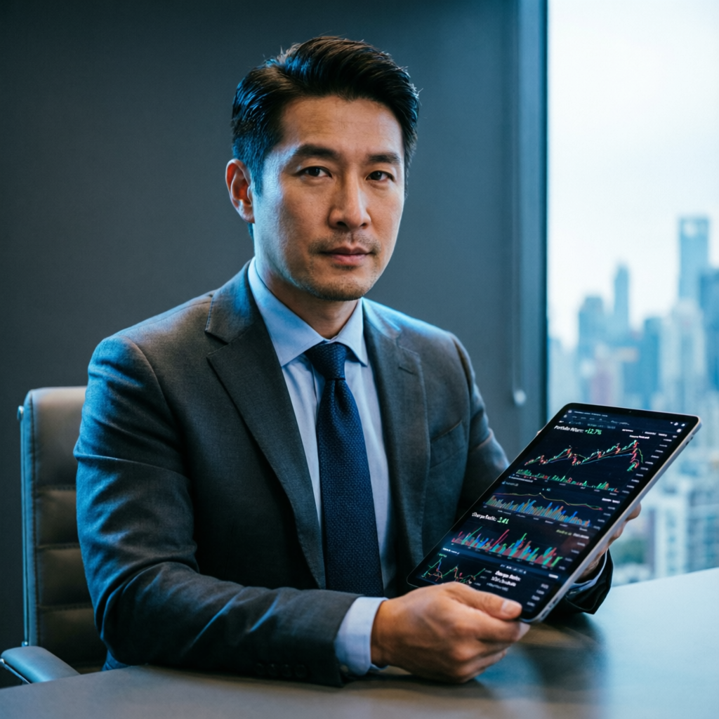 Professional trader reviewing performance analytics on tablet device