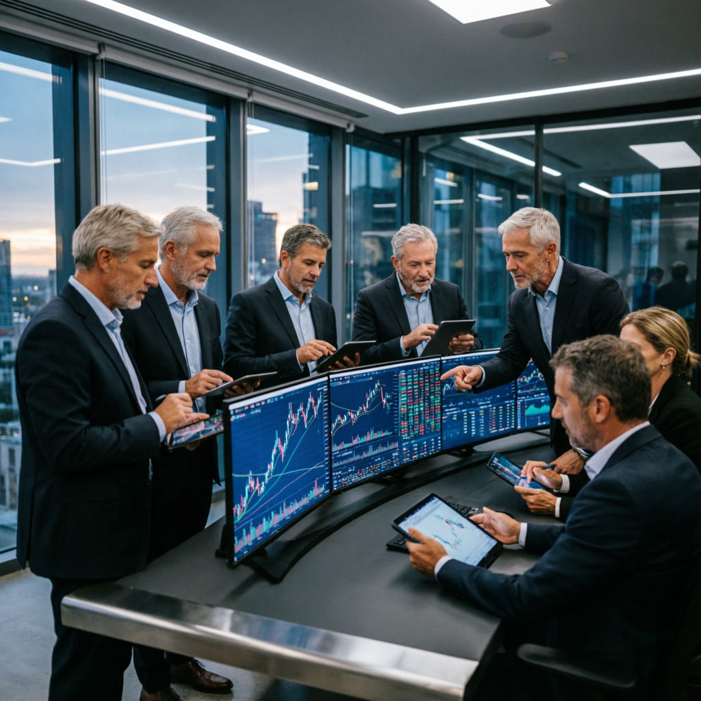 Professional trading team analyzing market data and performance metrics