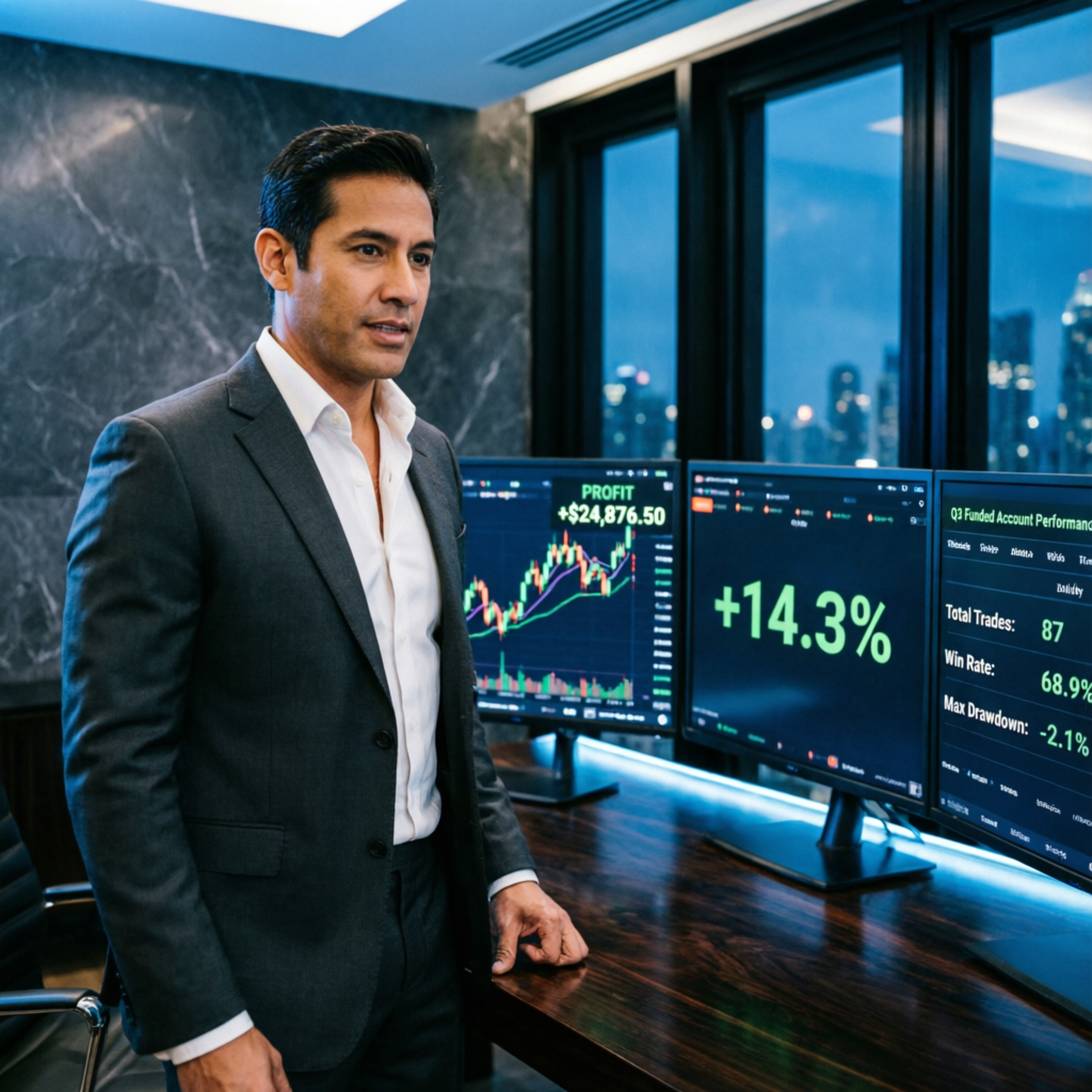Professional trader reviewing successful funded account performance results