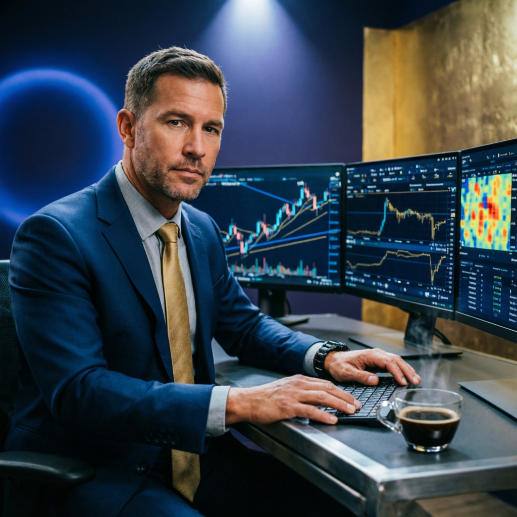 Professional forex trader analyzing financial charts on multiple monitors