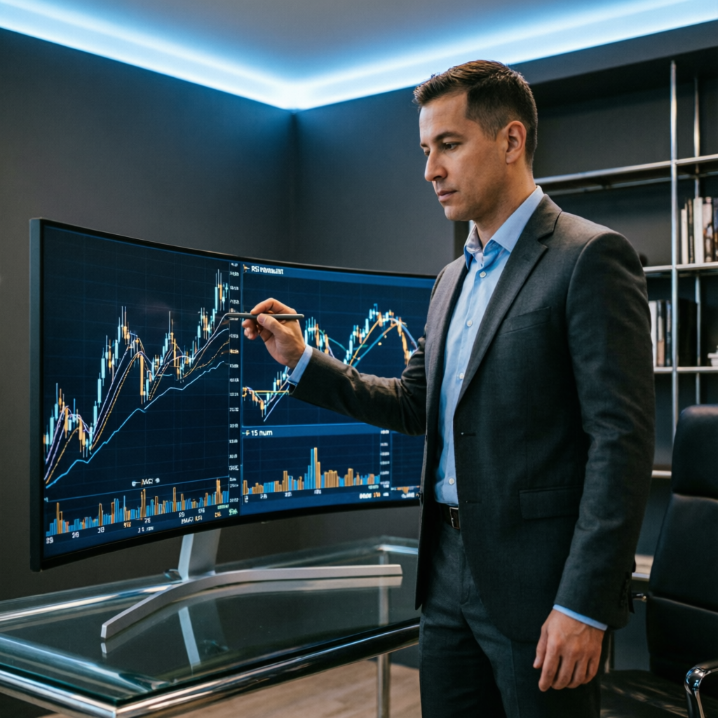 Expert trader analyzing technical indicators and market strategies
