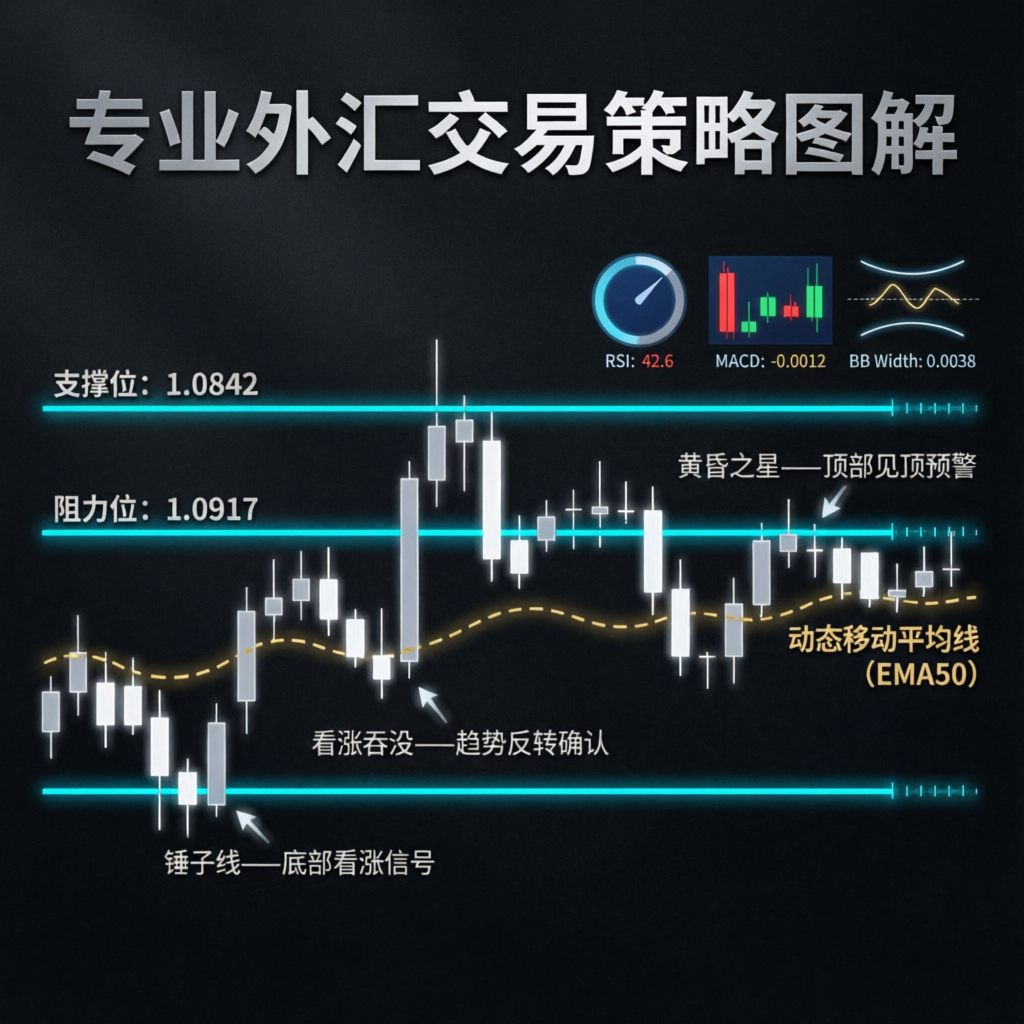 Professional forex trading strategy diagram with technical indicators and support resistance levels