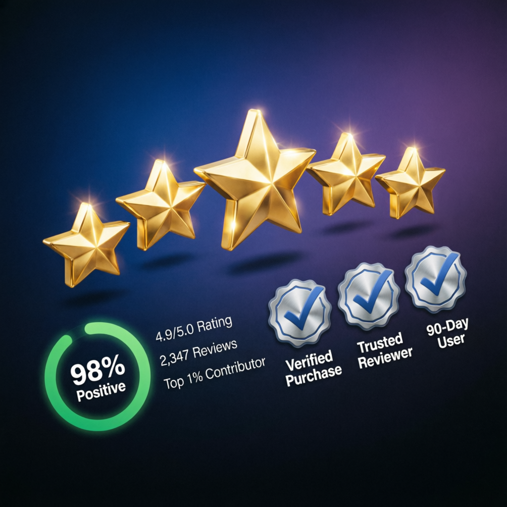 Five star review rating showing verified customer testimonials and trust badges