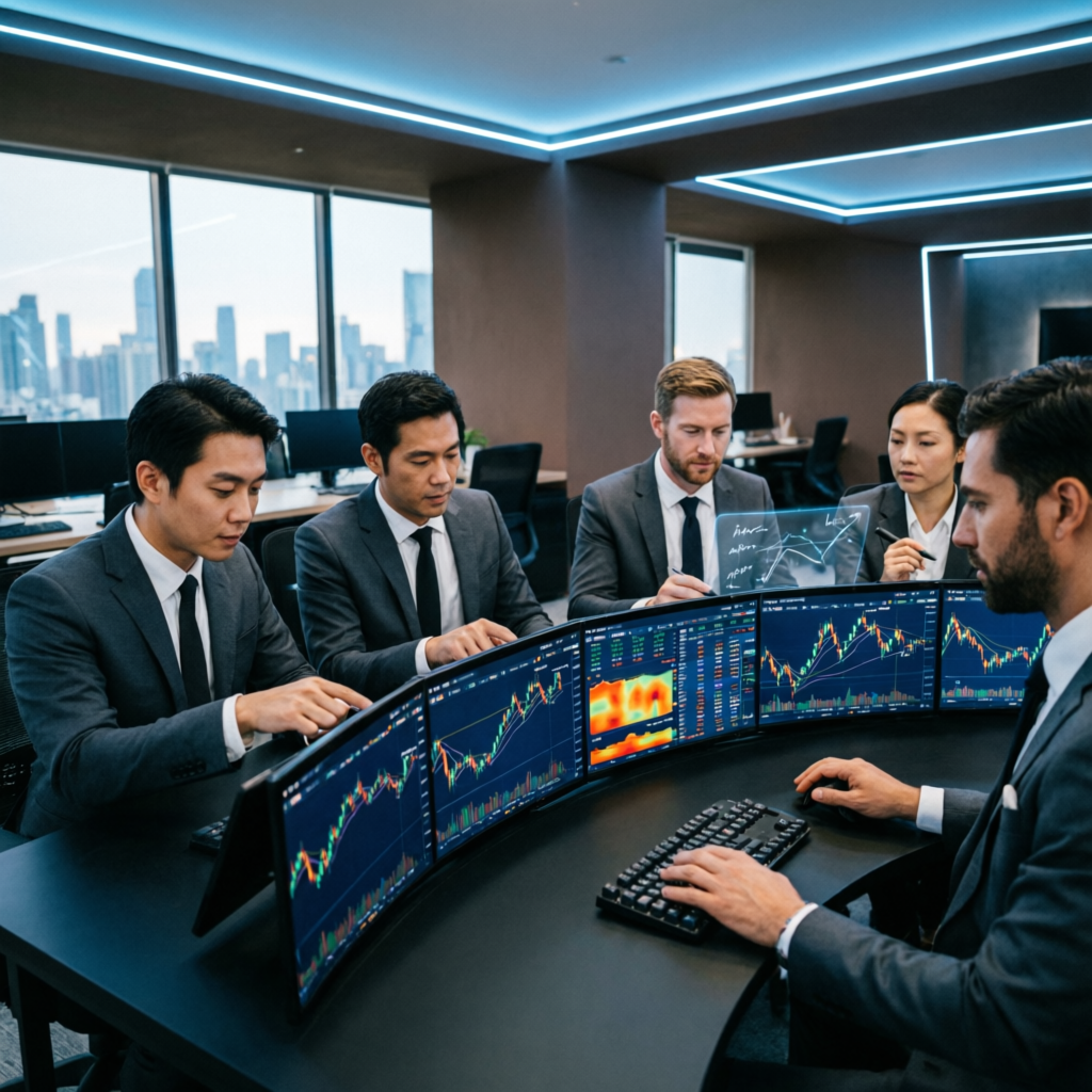 Professional trading team managing multiple funded accounts with advanced monitoring systems