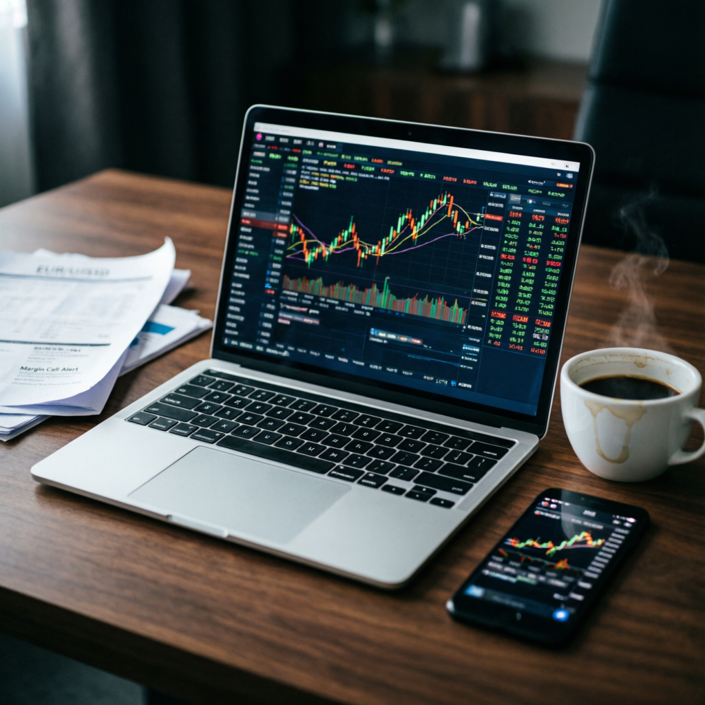 Professional trading setup with laptop and mobile devices showing forex trading platforms