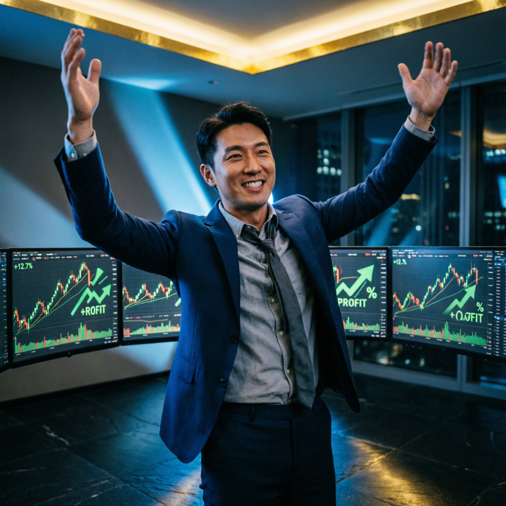 Trader celebrating successful prop firm challenge pass with profit charts