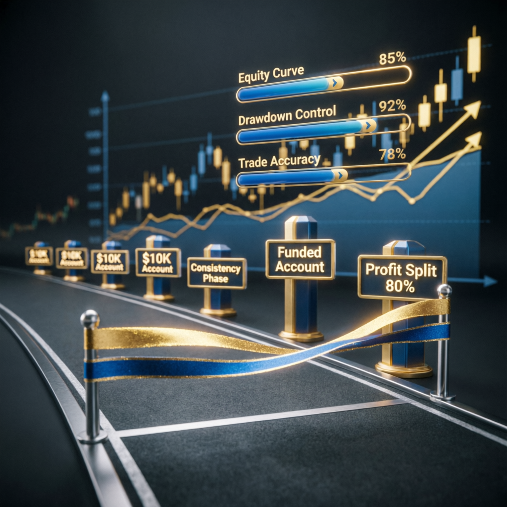 Prop firm challenge progress visualization showing equity curve and milestone achievements