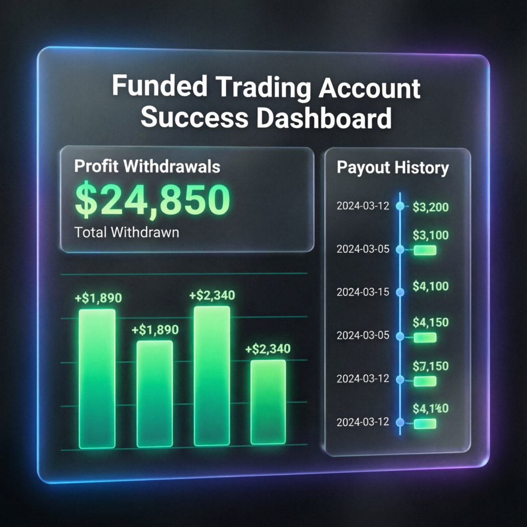 Funded trading account success dashboard showing profit withdrawals
