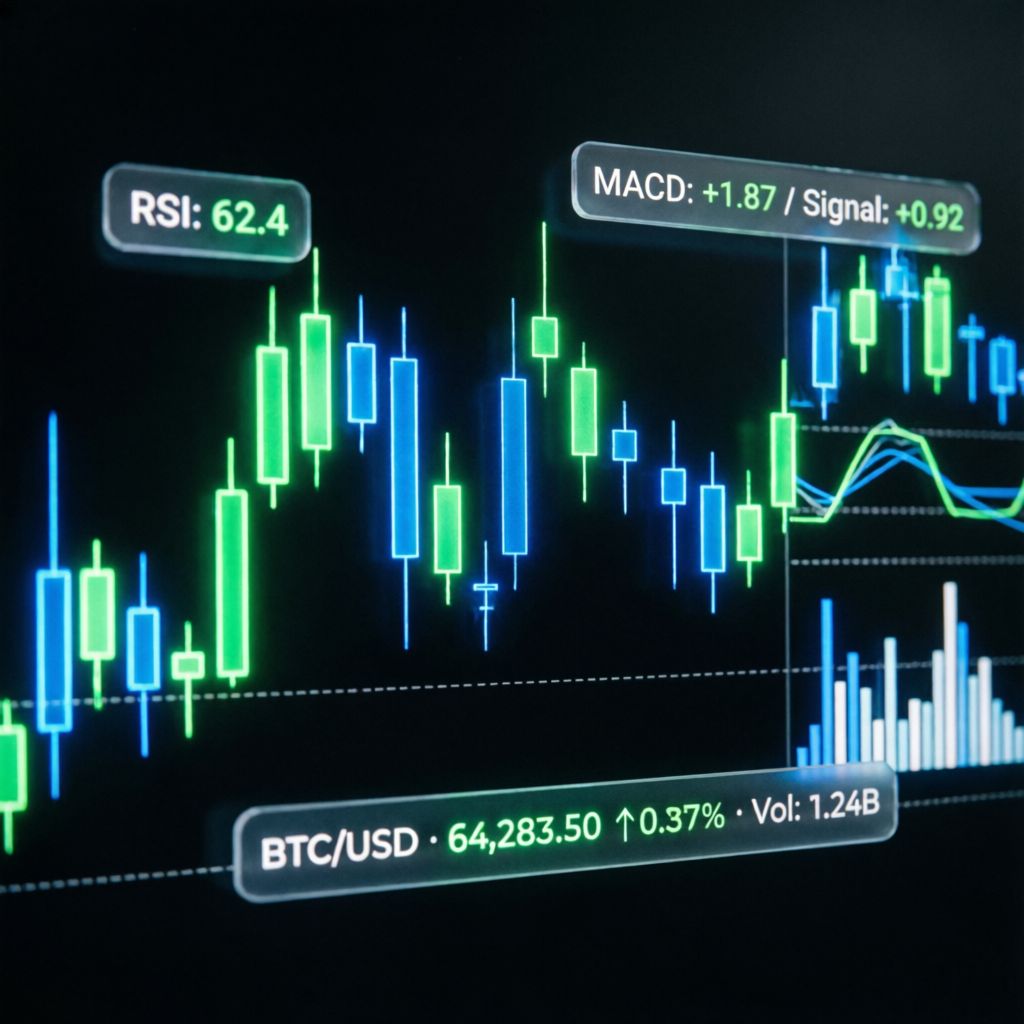 Futures trading candlestick chart with technical analysis