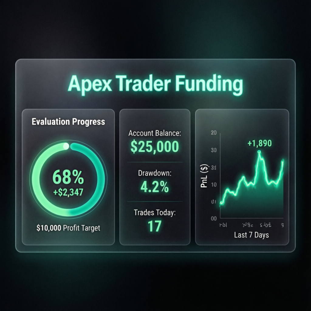 Apex Trader Funding evaluation dashboard showing progress