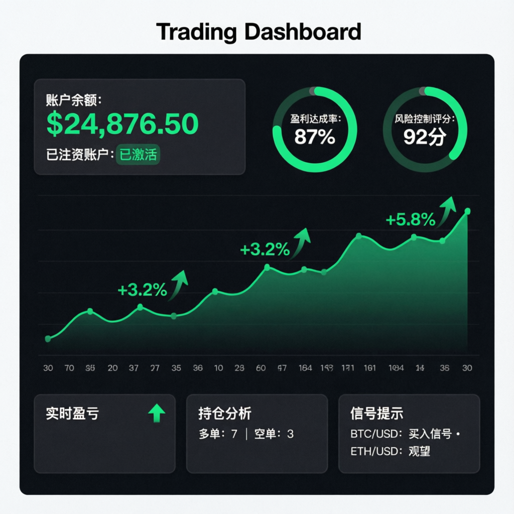 Trading dashboard showing funded account management service results