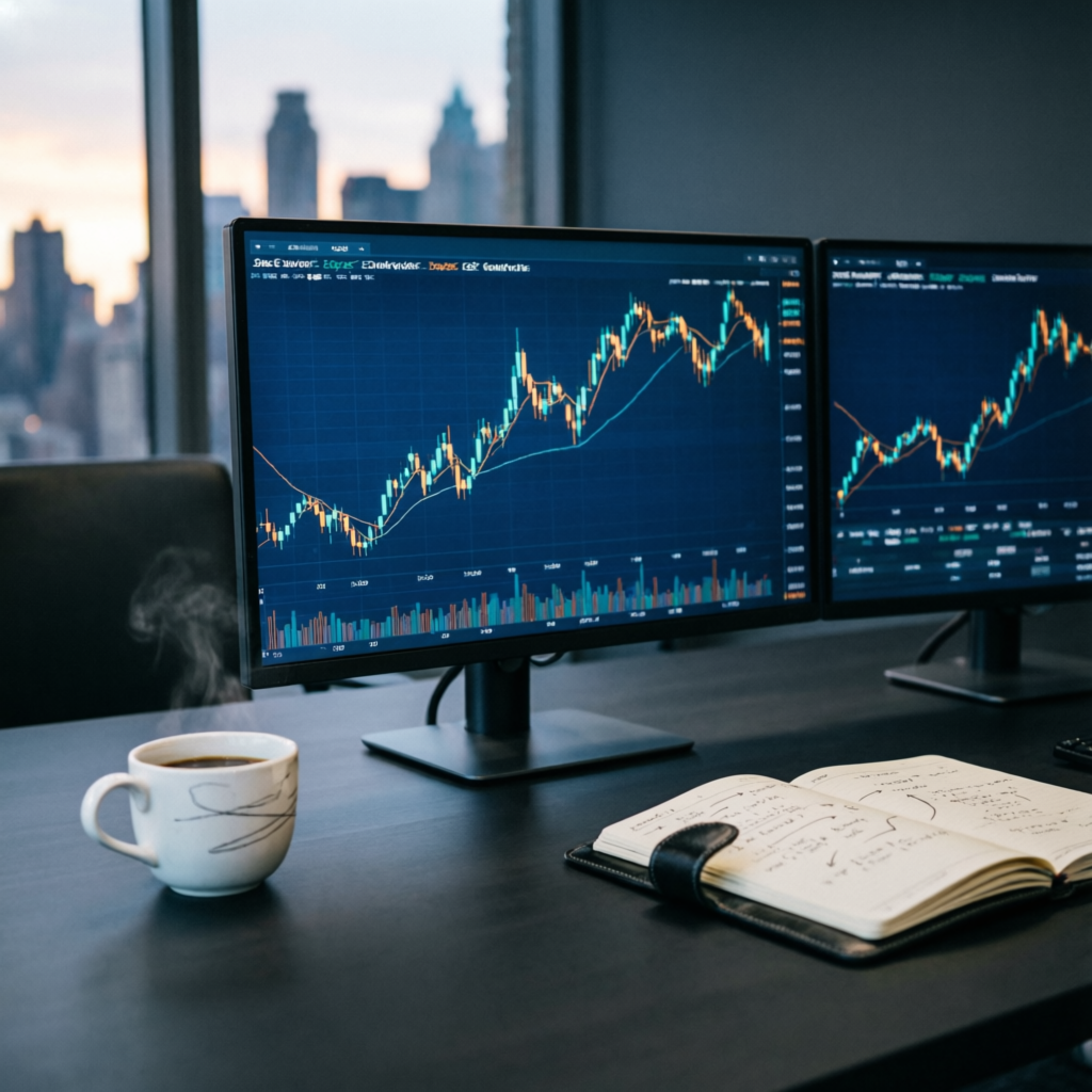 Professional trader workspace with multiple monitors