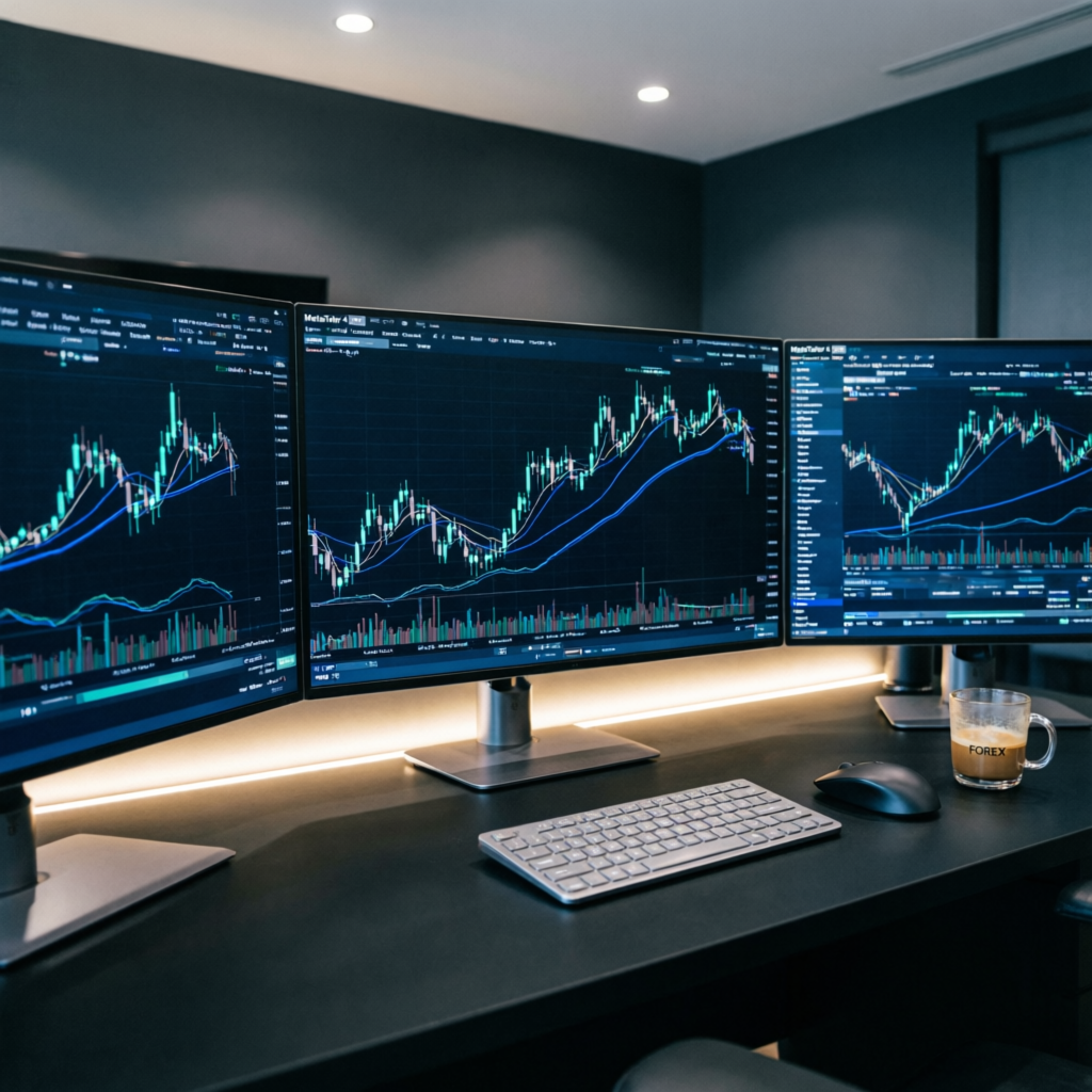 Multiple monitor trading setup showing MT4 and MT5 platforms - PFM Capitals