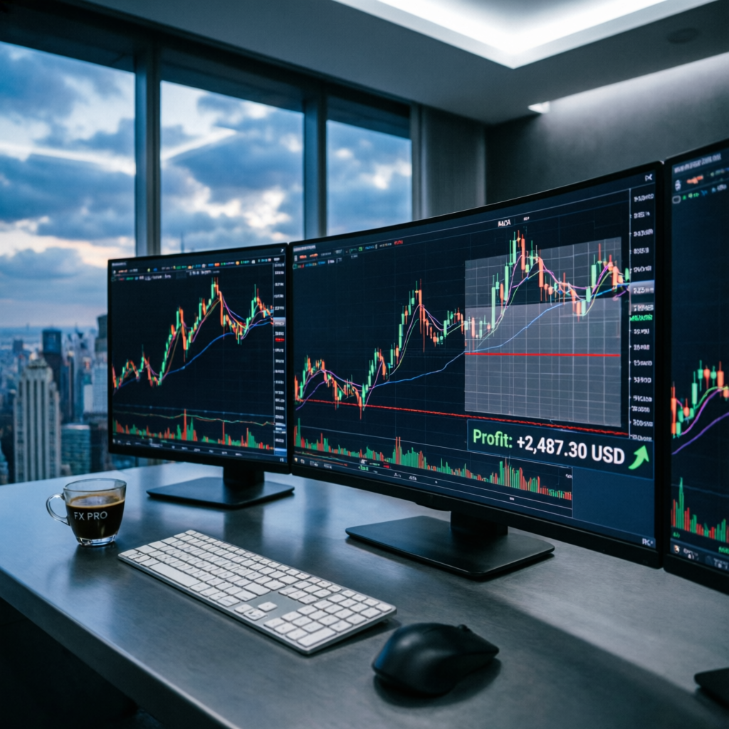 Professional forex trading setup with multiple monitors displaying profitable charts - PFM Capitals