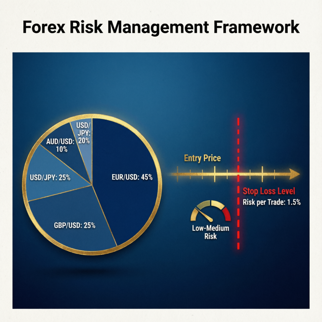 Forex Risk Management Framework showing portfolio allocation and stop loss levels