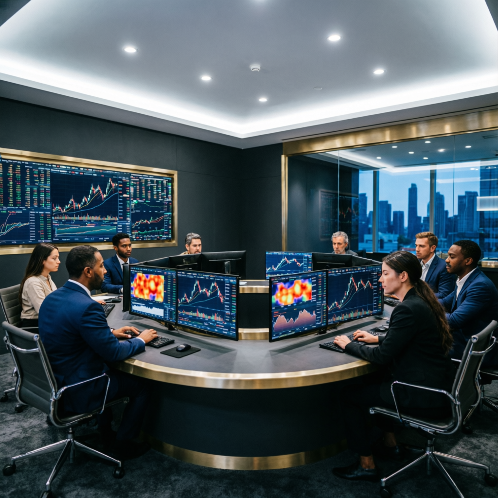 Professional team of expert forex traders at PFM Capitals collaborating in a modern trading room with multiple screens