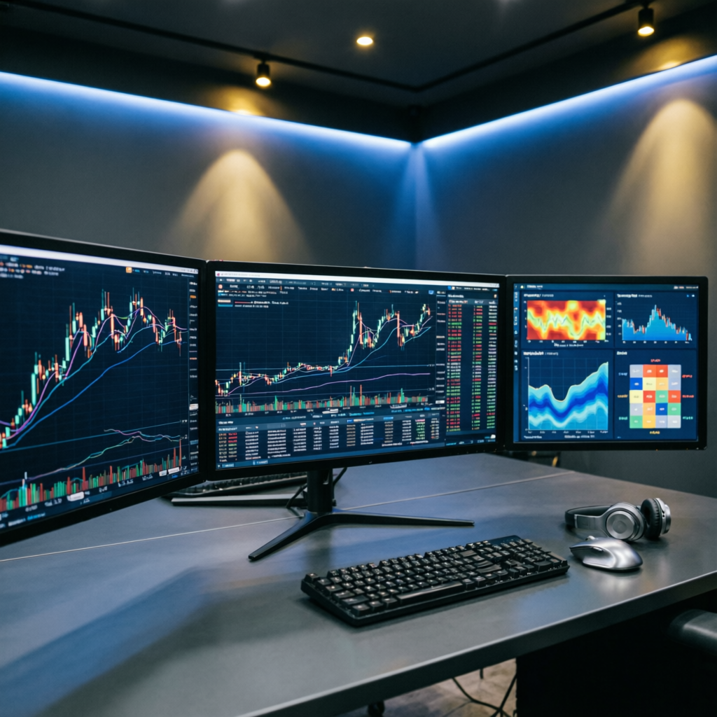 Professional forex trading workspace with multiple monitors showing advanced candlestick charts and trading analytics dashboard at PFM Capitals