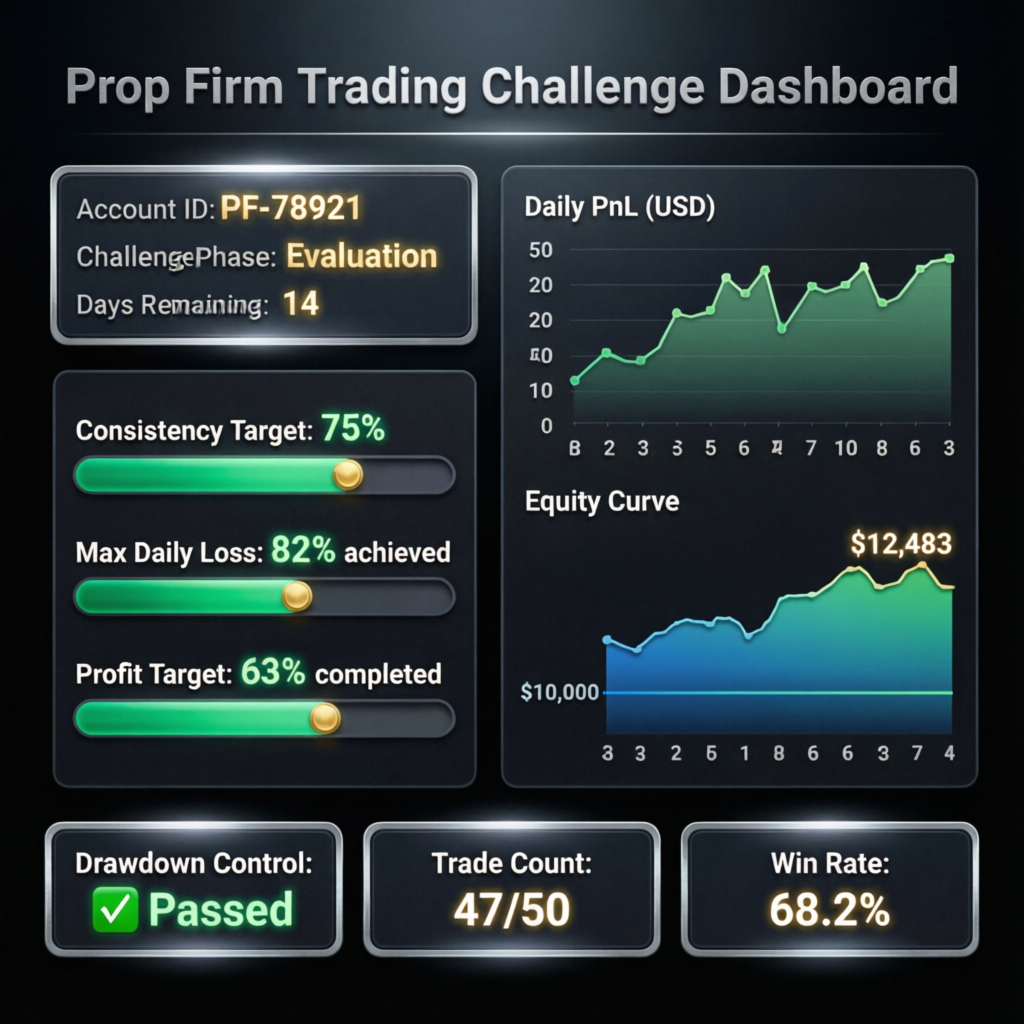 Prop firm trading challenge dashboard showing evaluation progress, daily PnL, equity curve, and performance metrics
