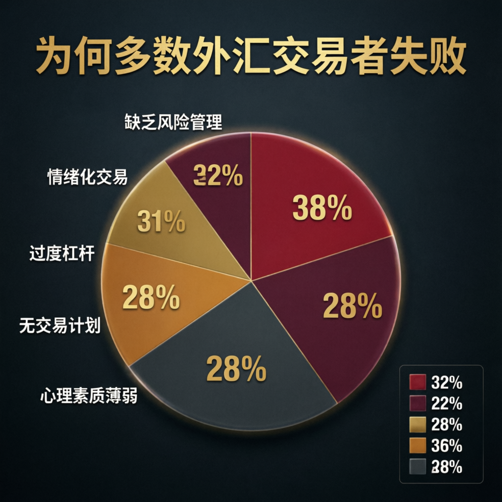Pie chart showing why most forex traders fail - lack of risk management, emotional trading, over-leverage, no trading plan, and poor psychology