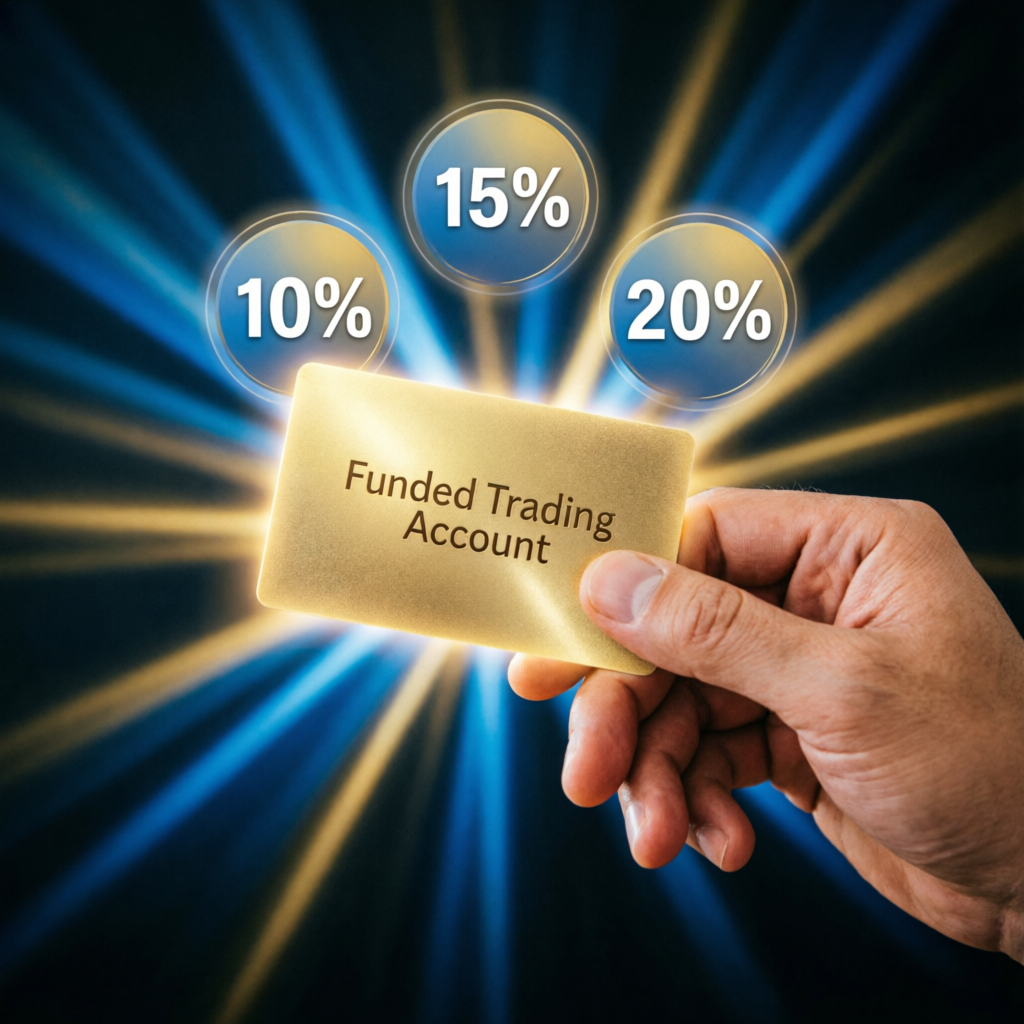 Funded trading account success with profit percentage badges showing consistent returns from professional account management