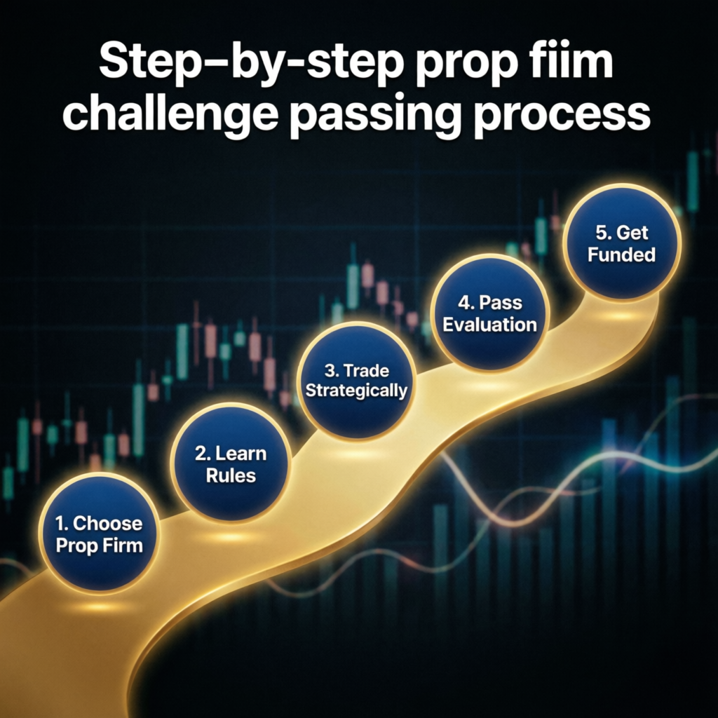 Step-by-step prop firm challenge passing process with 5 milestones: Choose Prop Firm, Learn Rules, Trade Strategically, Pass Evaluation, Get Funded