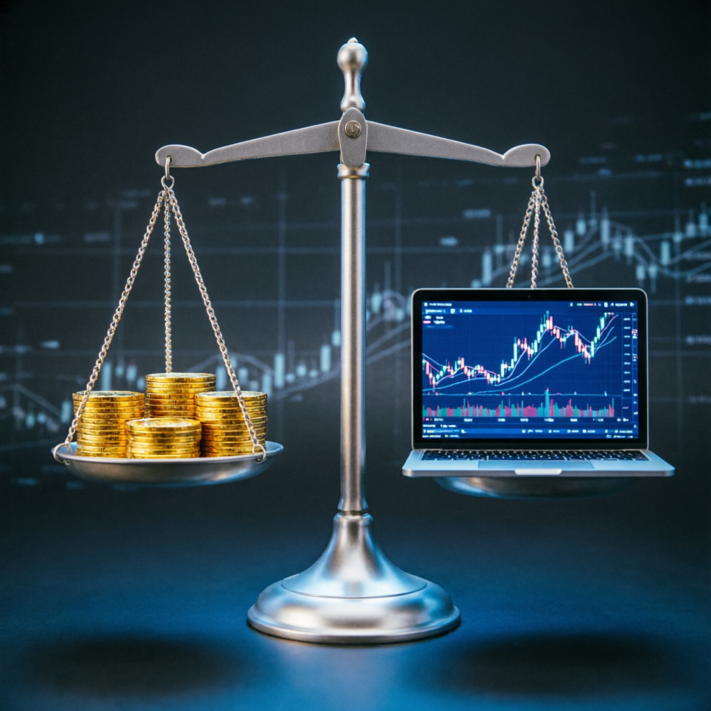 Risk management in forex trading - balance scale weighing gold coins against trading charts, symbolizing the balance between risk and reward