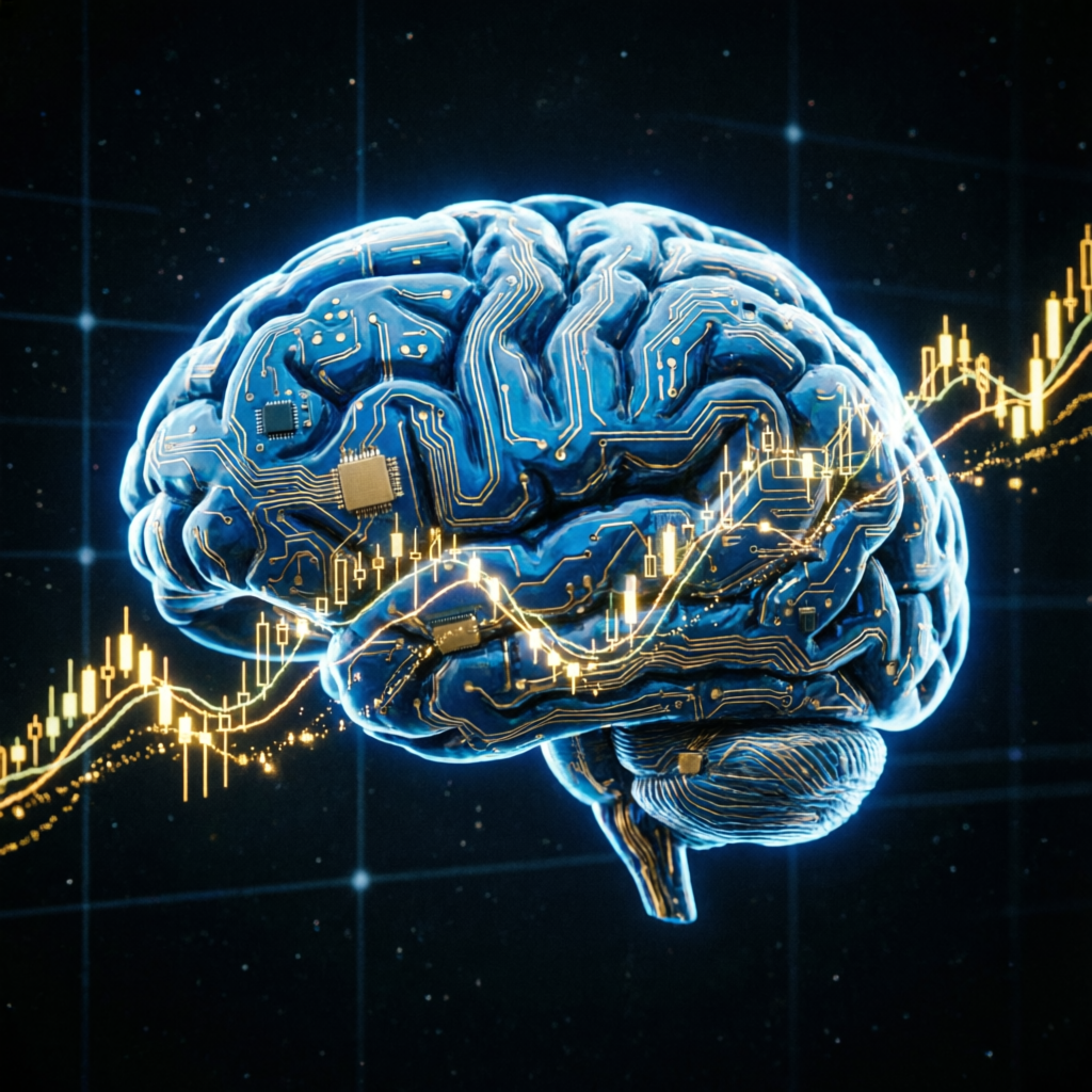 Trading psychology concept - human brain with circuit board patterns and forex chart lines, representing the mental aspects of trading