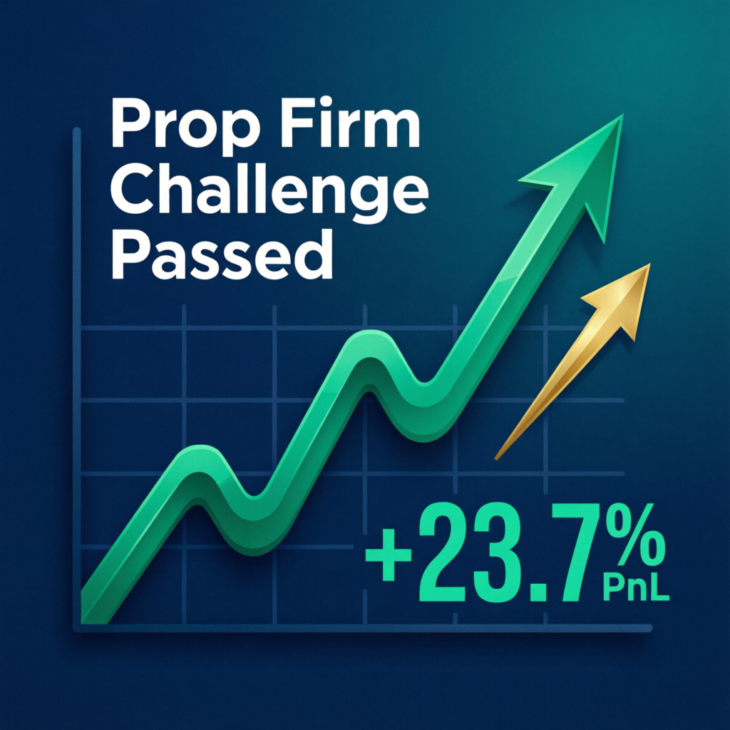Prop Firm Challenge Passed - showing upward trending profit graph with +23.7% PnL indicating successful prop firm challenge completion