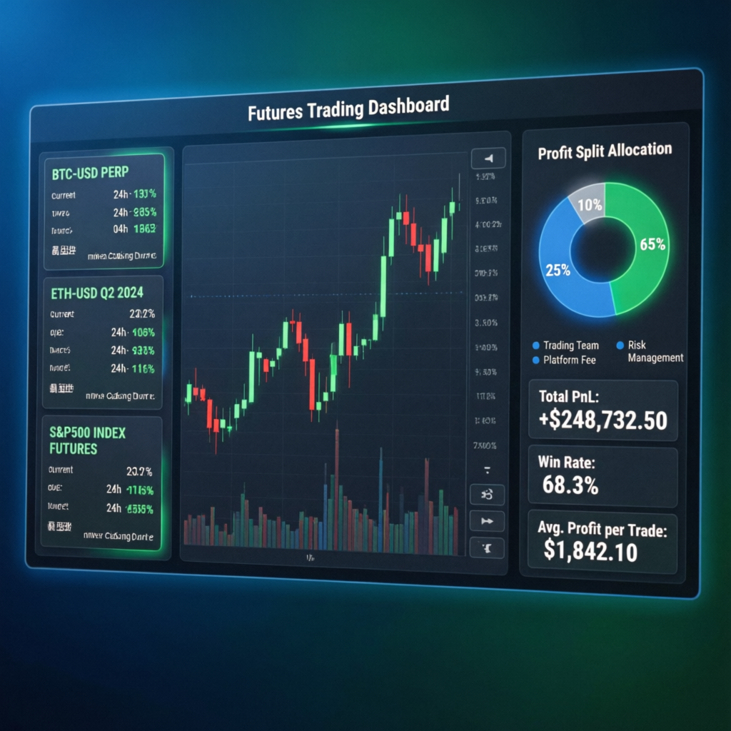 My Funded Futures Profit Split Dashboard showing futures trading dashboard with profit split allocation, PnL metrics, and win rate statistics