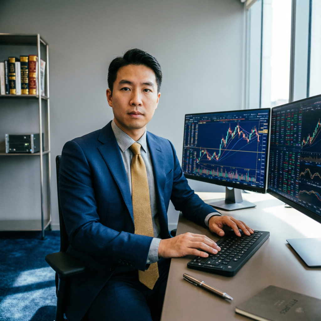Professional futures trader analyzing charts on multiple monitors in modern trading office, representing expert prop firm challenge trading service