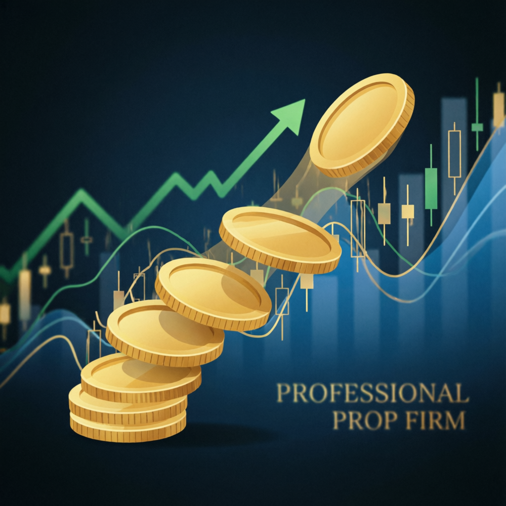 Professional prop firm funded account success illustration with gold coins and trading charts - PFM Capitals Account Management