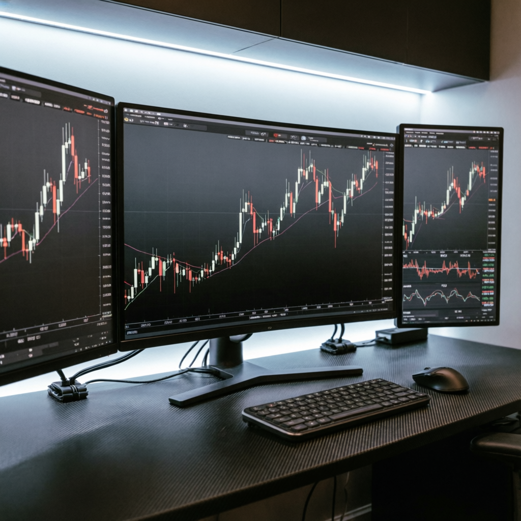 Professional forex trading dashboard with multiple monitors showing candlestick charts and financial analytics - PFM Capitals Maven Trading Account Management