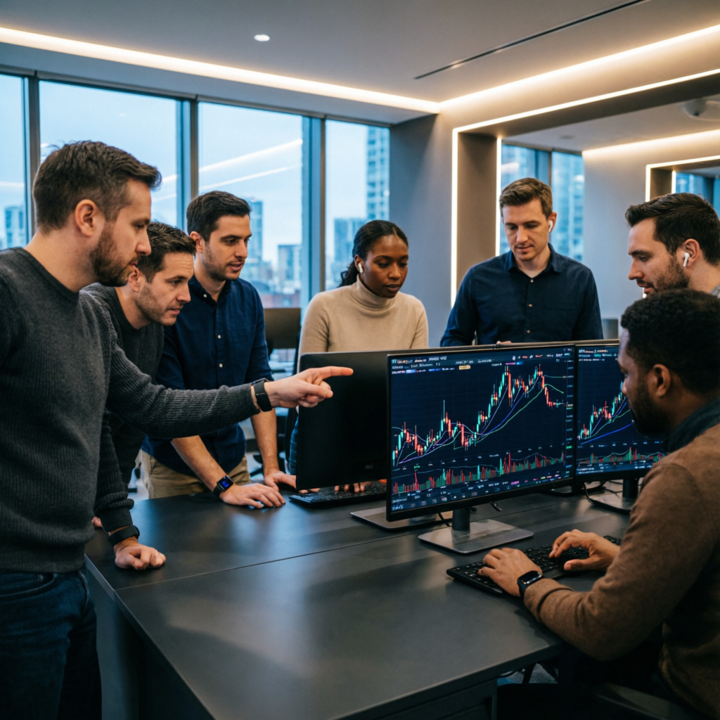 Professional forex trader team collaborating on trading analysis at PFM Capitals