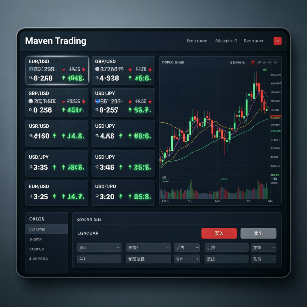 Maven Trading platform interface dashboard with currency pairs and candlestick charts