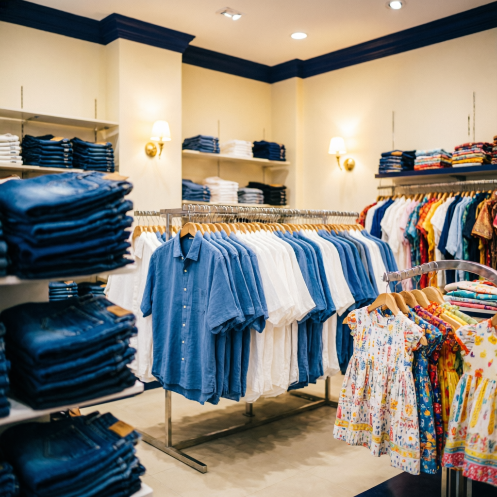 Racks of cotton shirts, jeans and kids wear at Walgot Cotton City clothing store in Chembur Camp, Mumbai