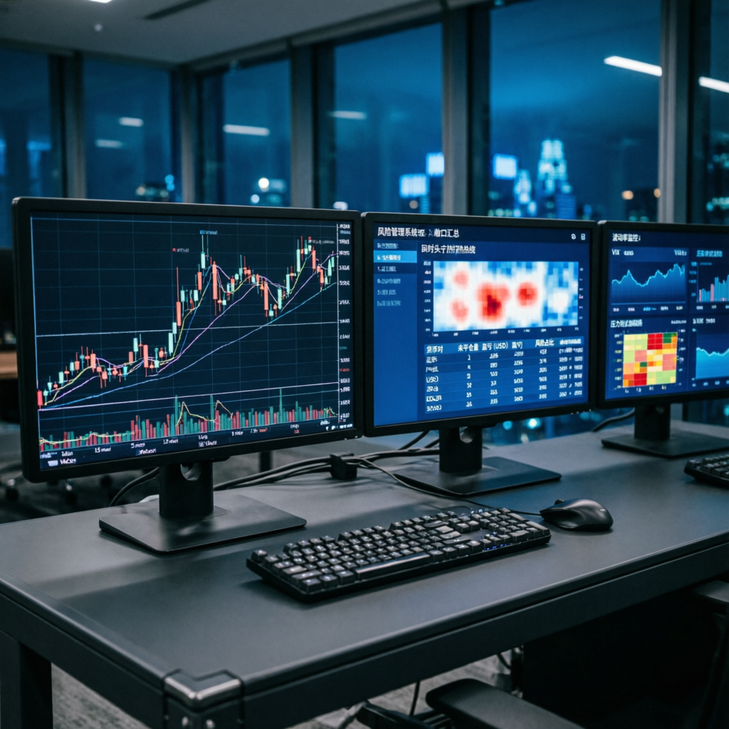 Professional trading desk with risk management setup